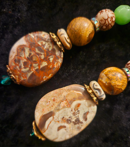 Green & Brown Mixed Media Gemstone Shoulder Dusters Earthy Beaded