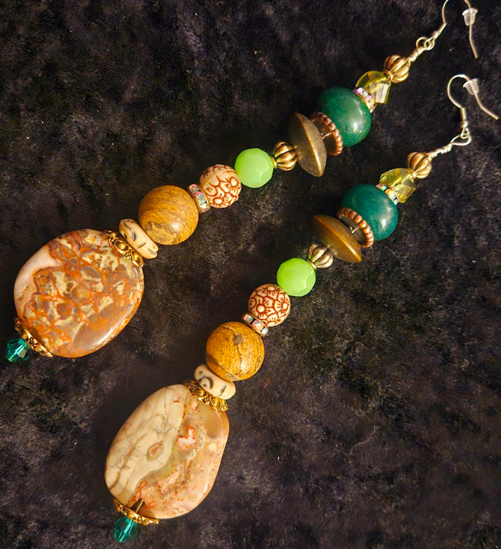 Green & Brown Mixed Media Gemstone Shoulder Dusters Earthy Beaded