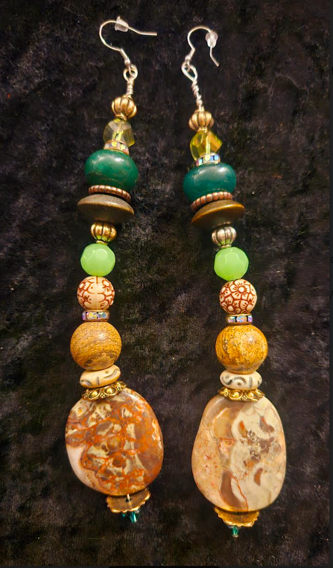 Green & Brown Mixed Media Gemstone Shoulder Dusters Earthy Beaded