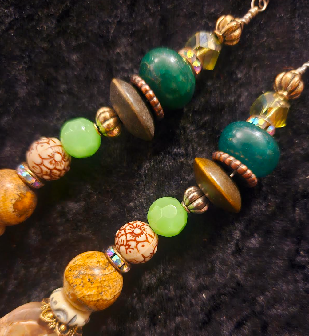 Green & Brown Mixed Media Gemstone Shoulder Dusters Earthy Beaded