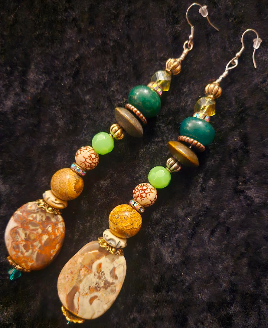 Green & Brown Mixed Media Gemstone Shoulder Dusters Earthy Beaded