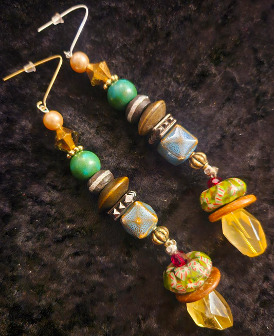 Earthy Green Brown & Yellow Mixed Media Long Pierced Statement Earring