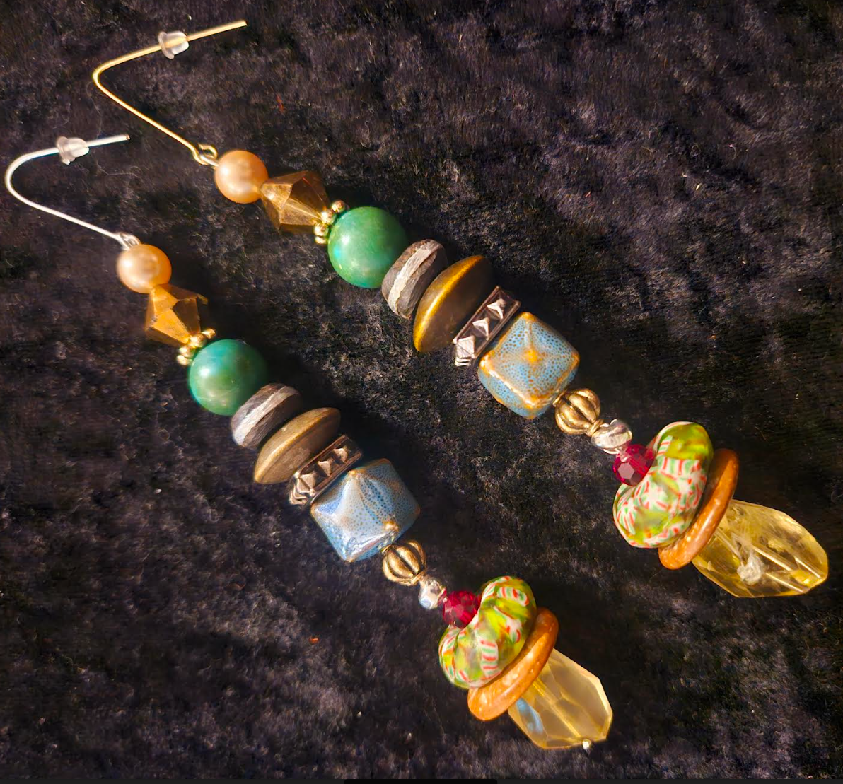 Earthy Green Brown & Yellow Mixed Media Long Pierced Statement Earring