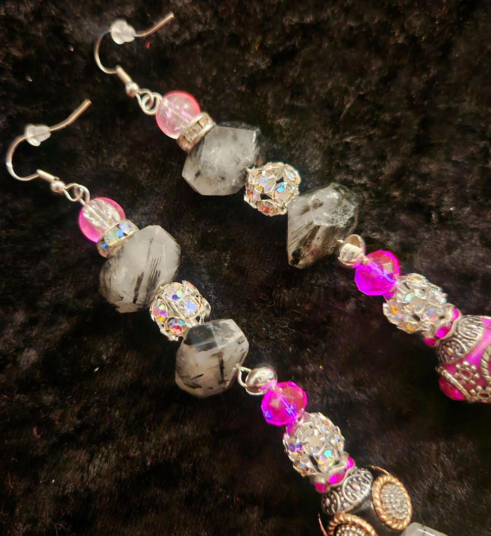 Dramatic Rutiliated Quartz Shoulder Duster Statement Earrings Black