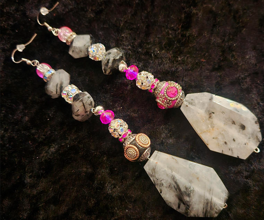 Dramatic Rutiliated Quartz Shoulder Duster Statement Earrings Black