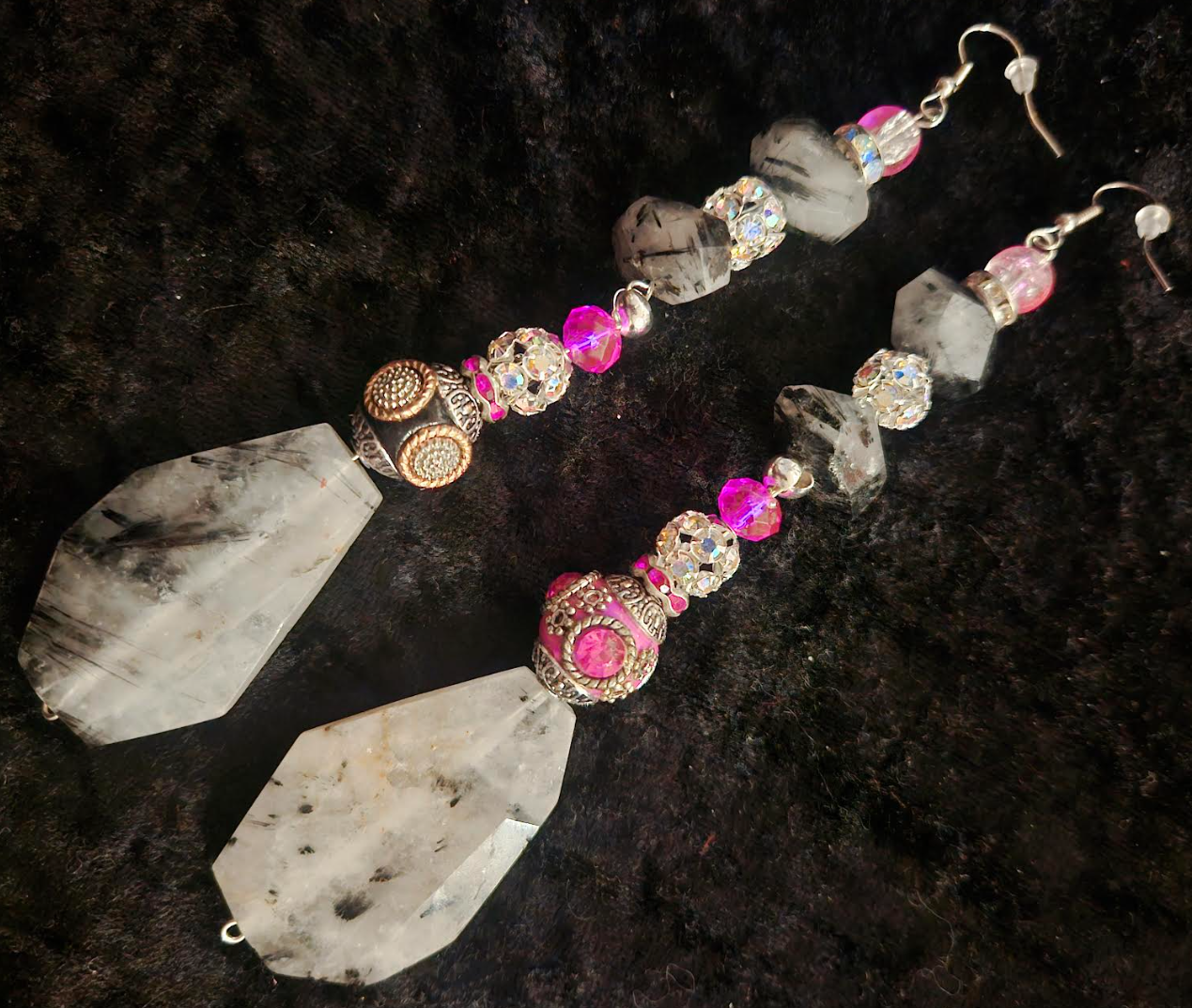 Dramatic Rutiliated Quartz Shoulder Duster Statement Earrings Black