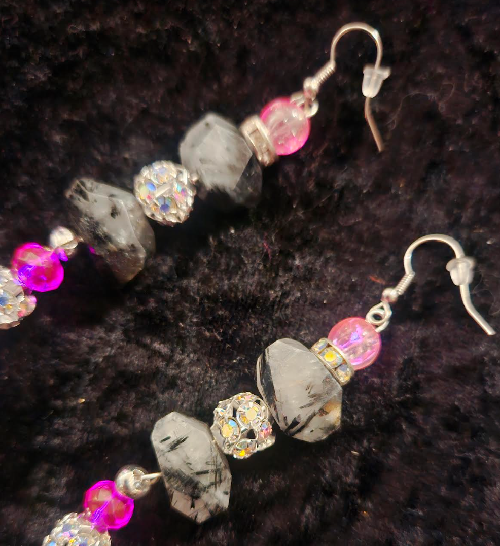 Dramatic Rutiliated Quartz Shoulder Duster Statement Earrings Black