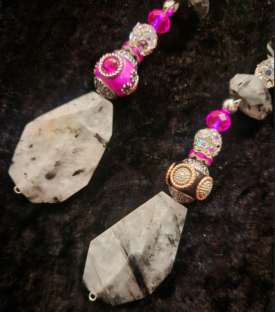 Dramatic Rutiliated Quartz Shoulder Duster Statement Earrings Black