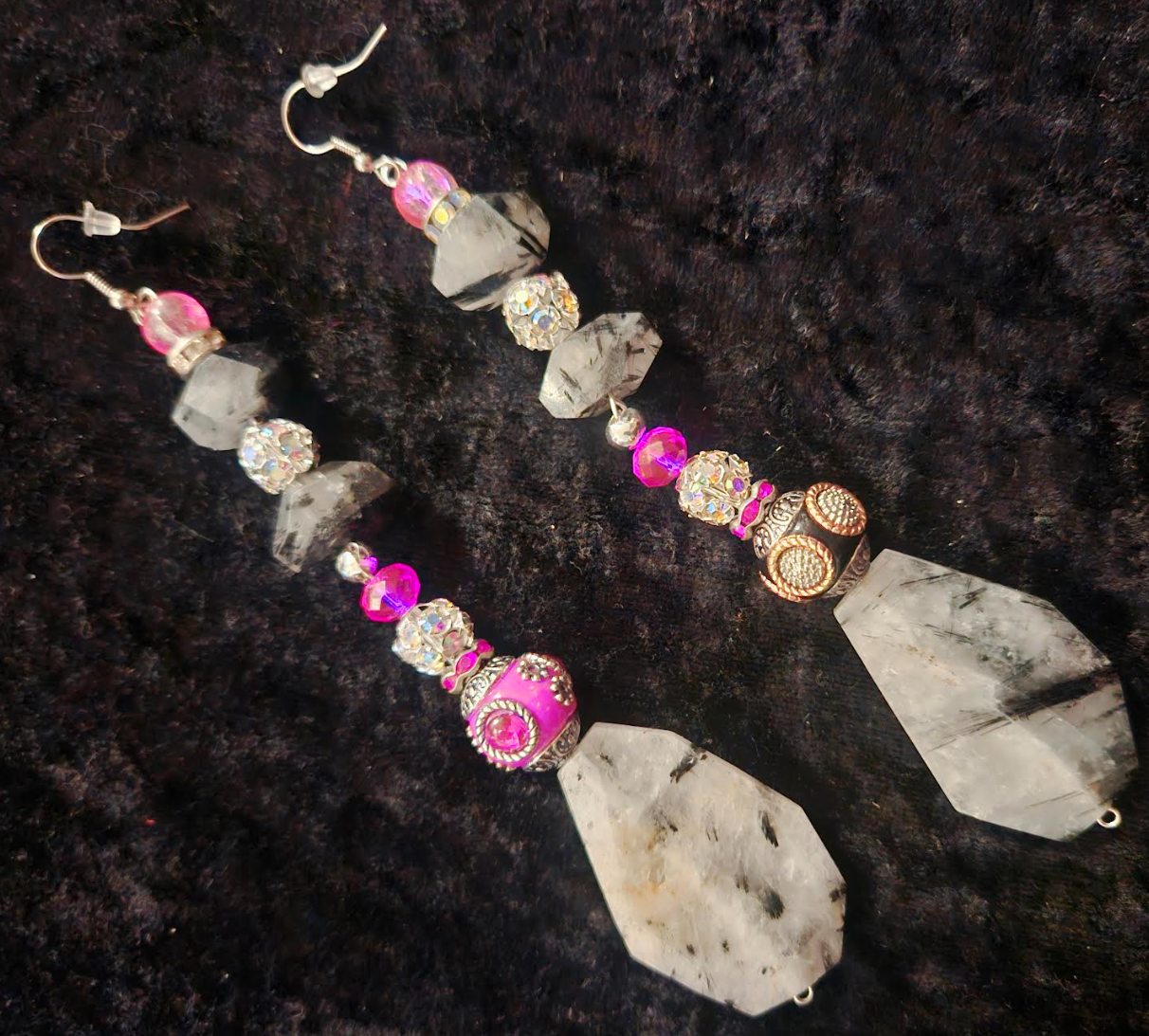 Dramatic Rutiliated Quartz Shoulder Duster Statement Earrings Black