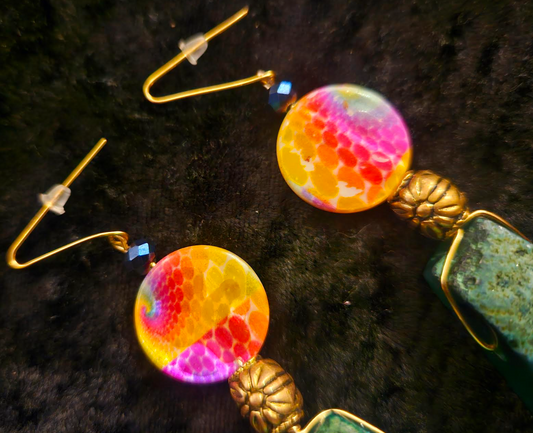 Green Agate Dangle Pierced Statement Earrings Bold & Colorful Gemsto