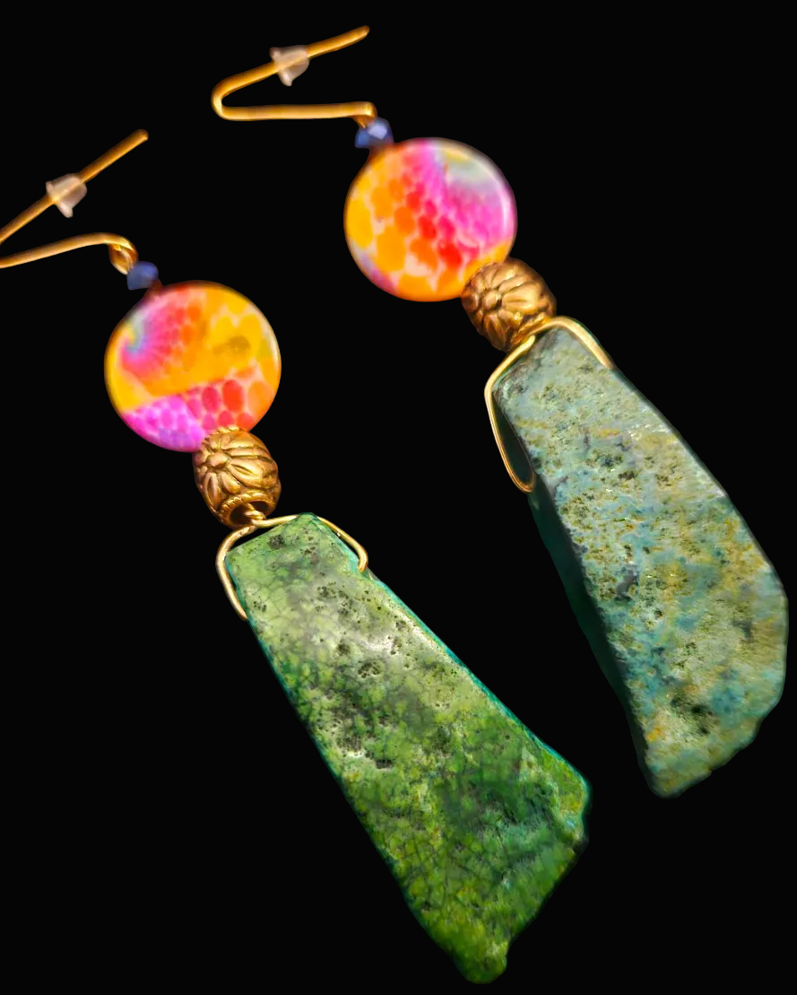 Green Agate Dangle Pierced Statement Earrings - Bold & Colorful
