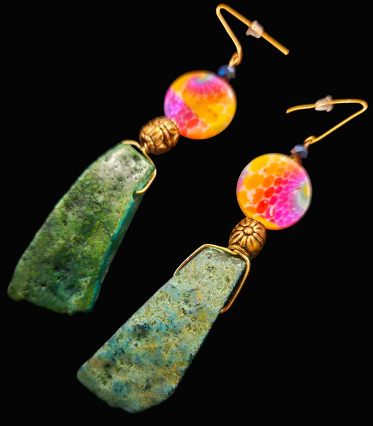 Green Agate Dangle Pierced Statement Earrings - Bold & Colorful