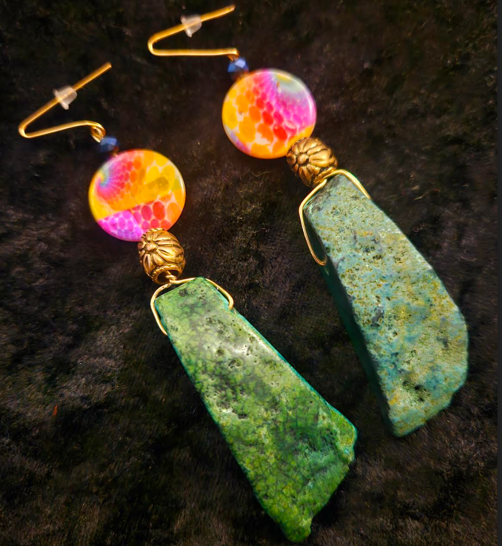 Green Agate Dangle Pierced Statement Earrings Bold & Colorful Gemsto