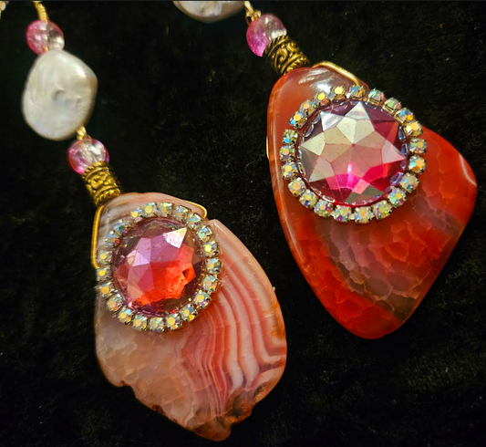 Pinky Orange Agate Crystal & Freshwater Pearl Shoulder Dusters Ru