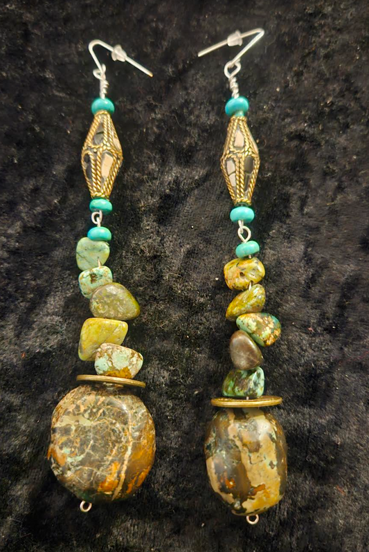 Hubei Turquoise Nugget Dangle Statement Earrings Earth Tone Cowgirl