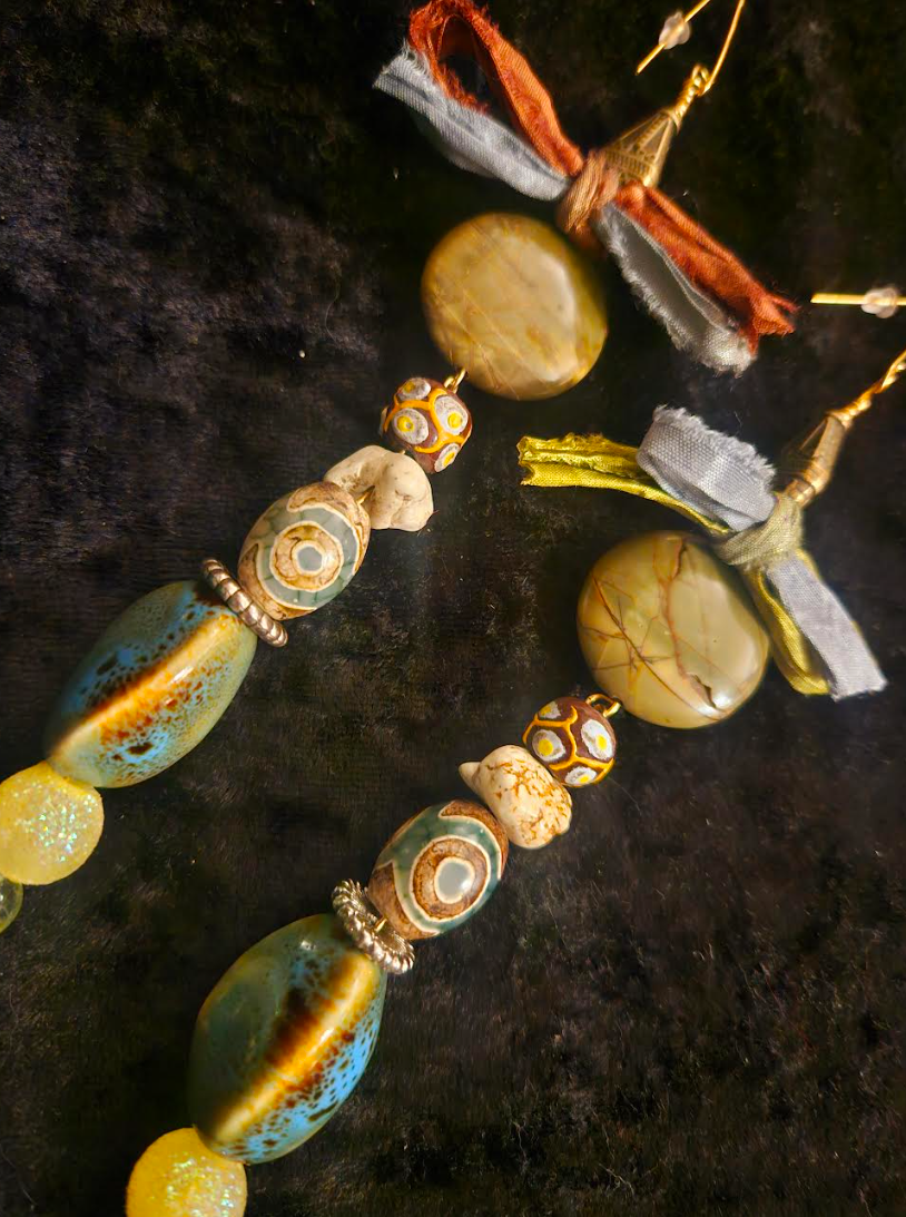 Mixed Beaded & Sari Silk Ribbon Bow Long Pierced Statement Earrings