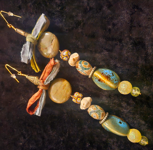 Mixed Beaded & Sari Silk Ribbon Bow Long Pierced Statement Earrings