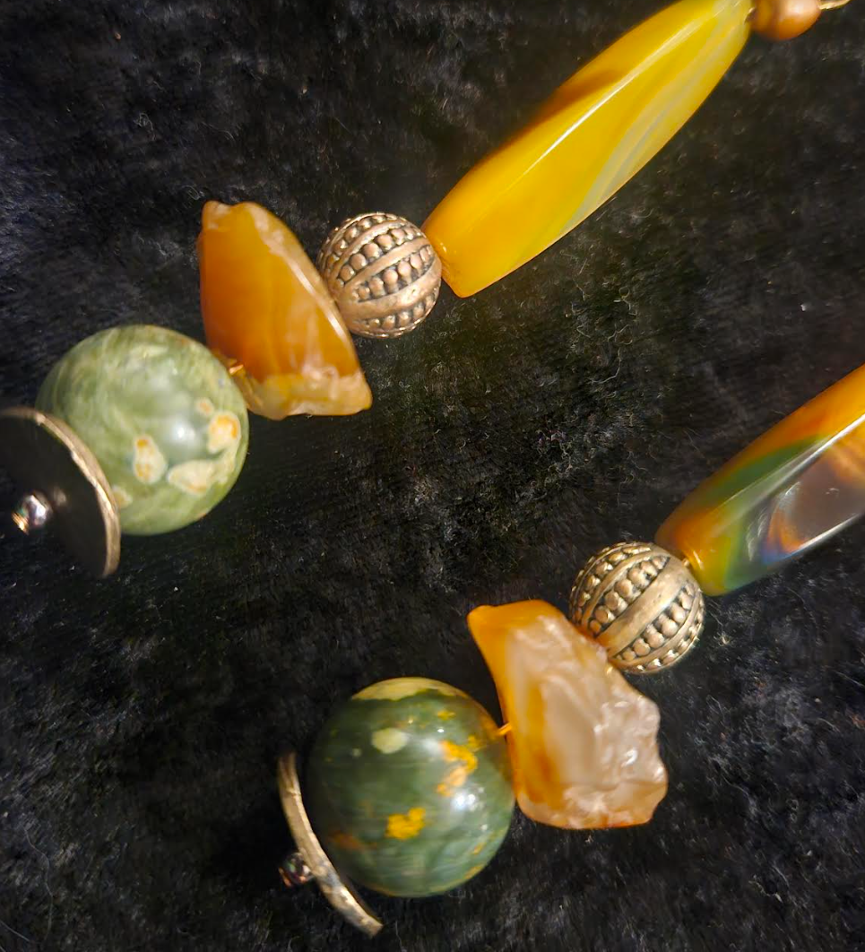 Green Yellow & Orange Gemstone Long Dangle Pierced Statement Earrings