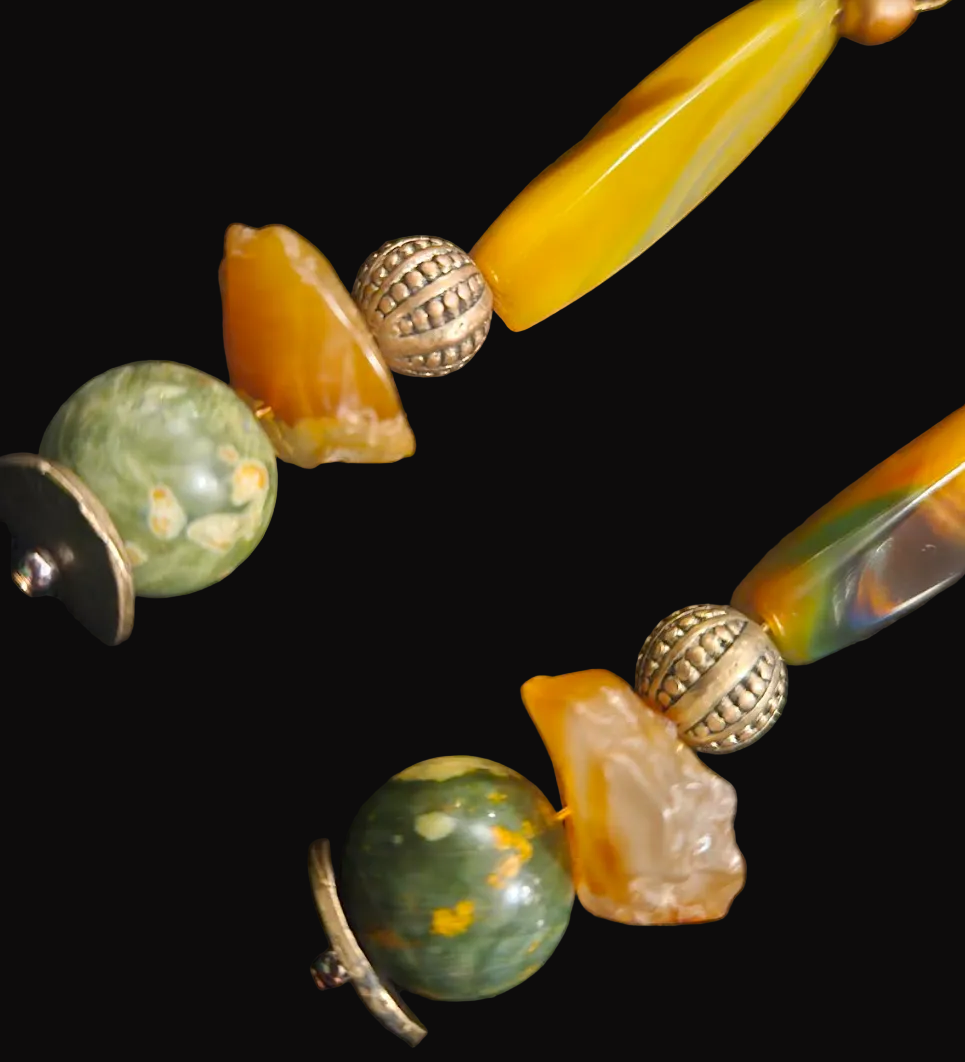 Green Yellow & Orange Gemstone Long Dangle Pierced Statement Earrings