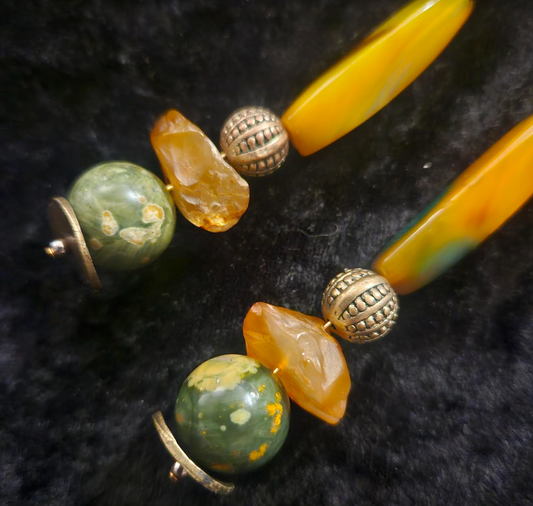 Green Yellow & Orange Gemstone Long Dangle Pierced Statement Earrings