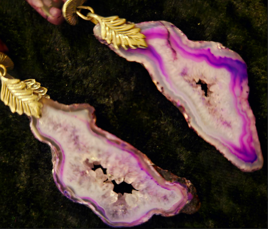 Purple Druzy Agate & Rhinestone Fancy Shoulder Dusters Purple Sil