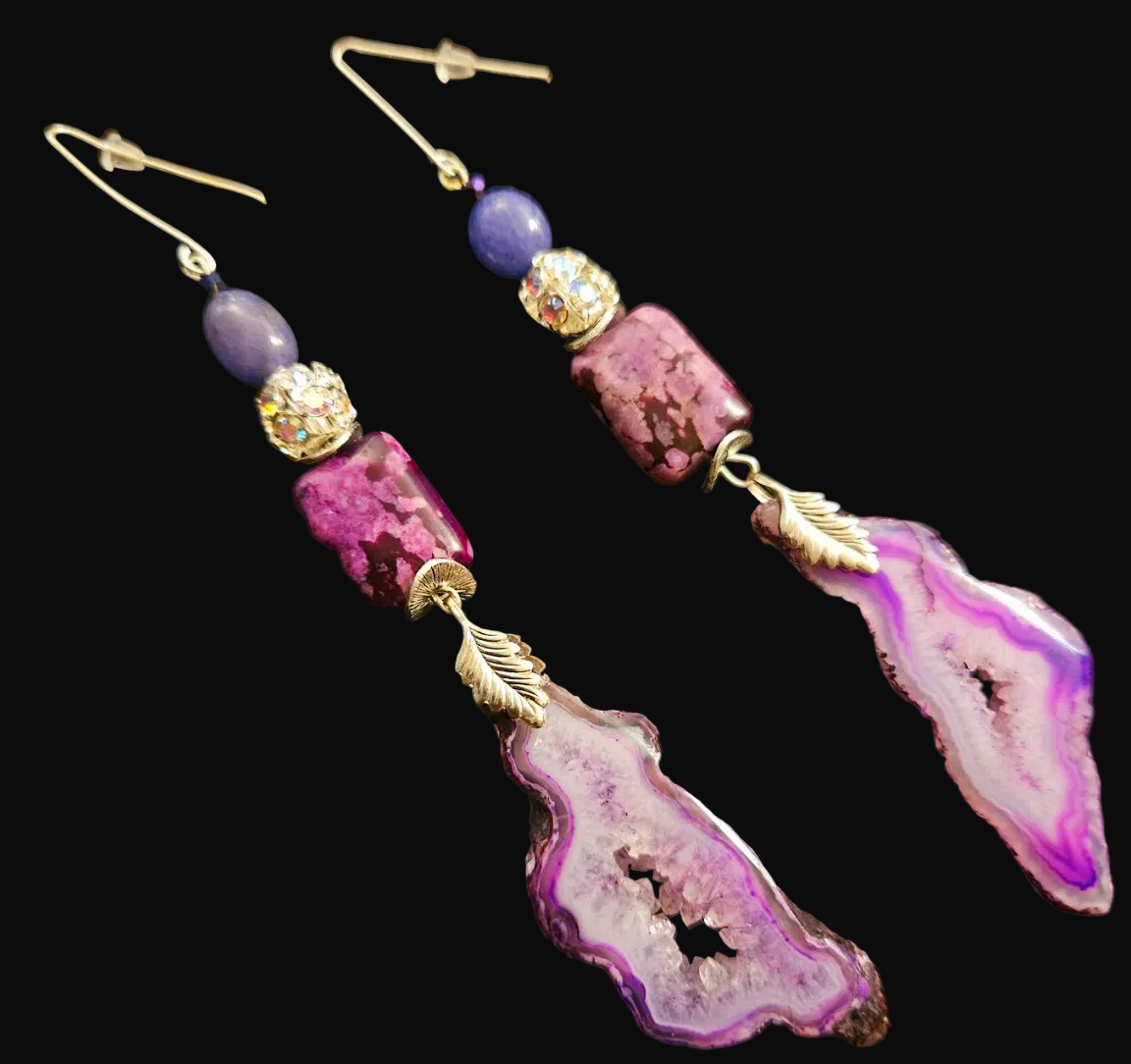 Purple Druzy Agate & Rhinestone Fancy Shoulder Duster Earrings
