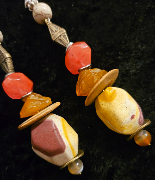Exotic Mookaite Jasper Warm Tone Beaded Long Pierced Statement Earring