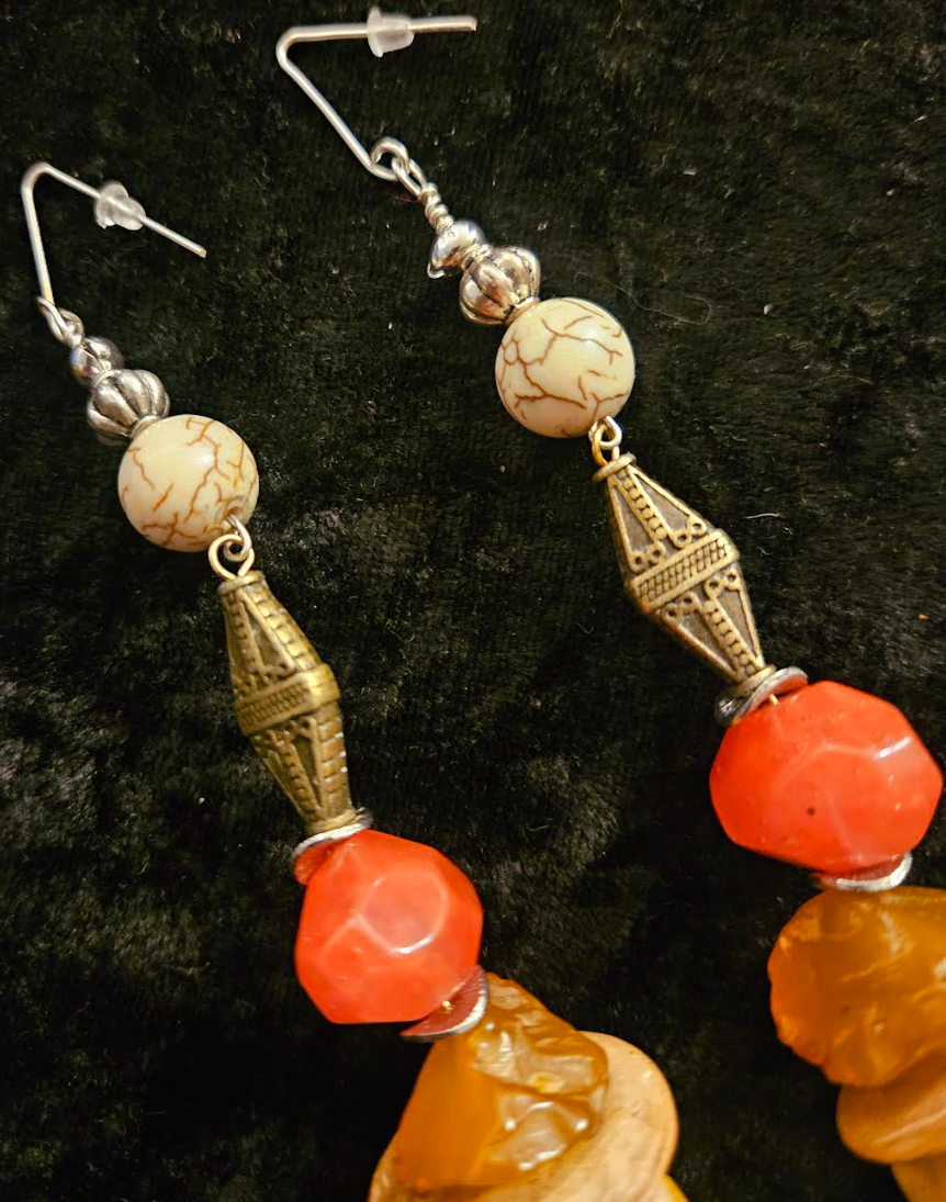 Exotic Mookaite Jasper Warm Tone Beaded Long Pierced Statement Earring