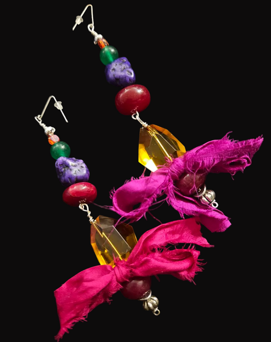 Bold Colorful Beaded Long Drop Pierced Statement Earrings - Sari Silk