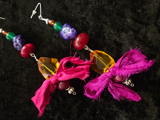 Bold Colorful Beaded Long Drop Pierced Statement Earrings with Sari Si