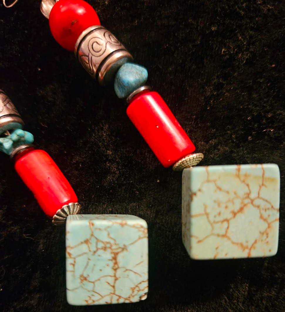 Blue Red & Silver Cubed Dangle Pierced Statement Earrings Jeans Jewe