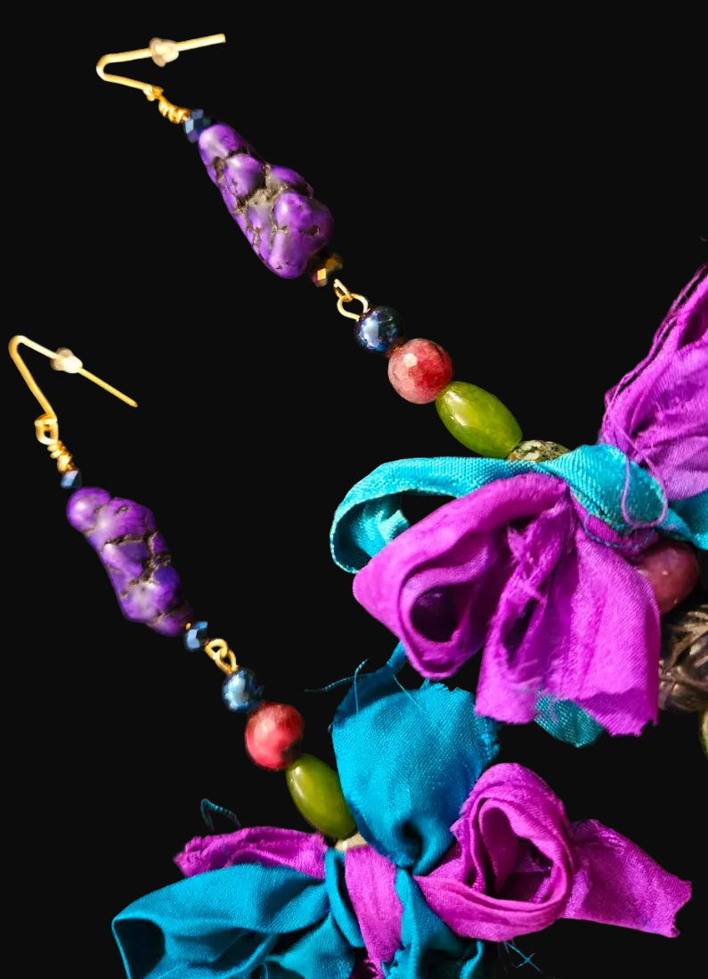 Jewel Tone Gemstone Beaded Pierced Statement Earrings with Sari Silk B