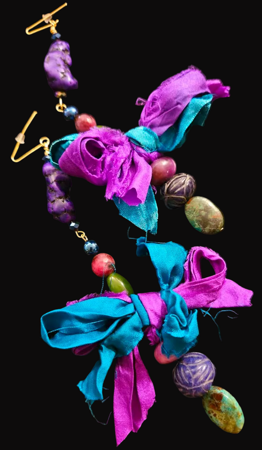 Jewel Tone Gemstone Beaded Pierced Statement Earrings with Sari Silk B