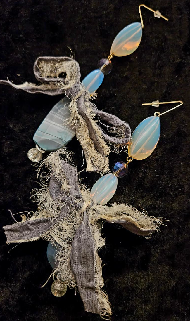 Agate Moonstone & Distressed Sari Silk Bow Pierced Statement Earrings