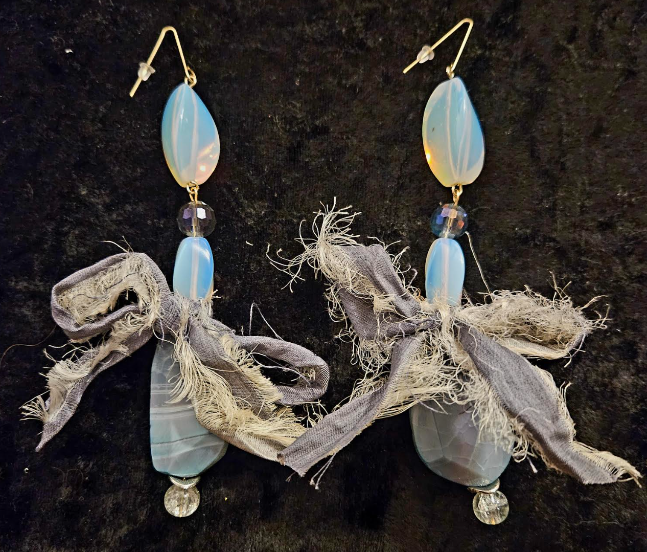 Agate Moonstone & Distressed Sari Silk Bow Pierced Statement Earrings