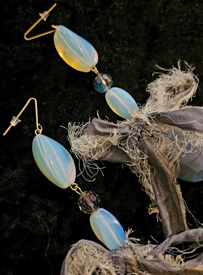 Agate Moonstone & Distressed Sari Silk Bow Pierced Statement Earrings