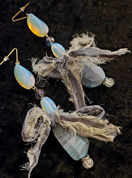 Agate Moonstone & Distressed Sari Silk Bow Pierced Statement Earrings