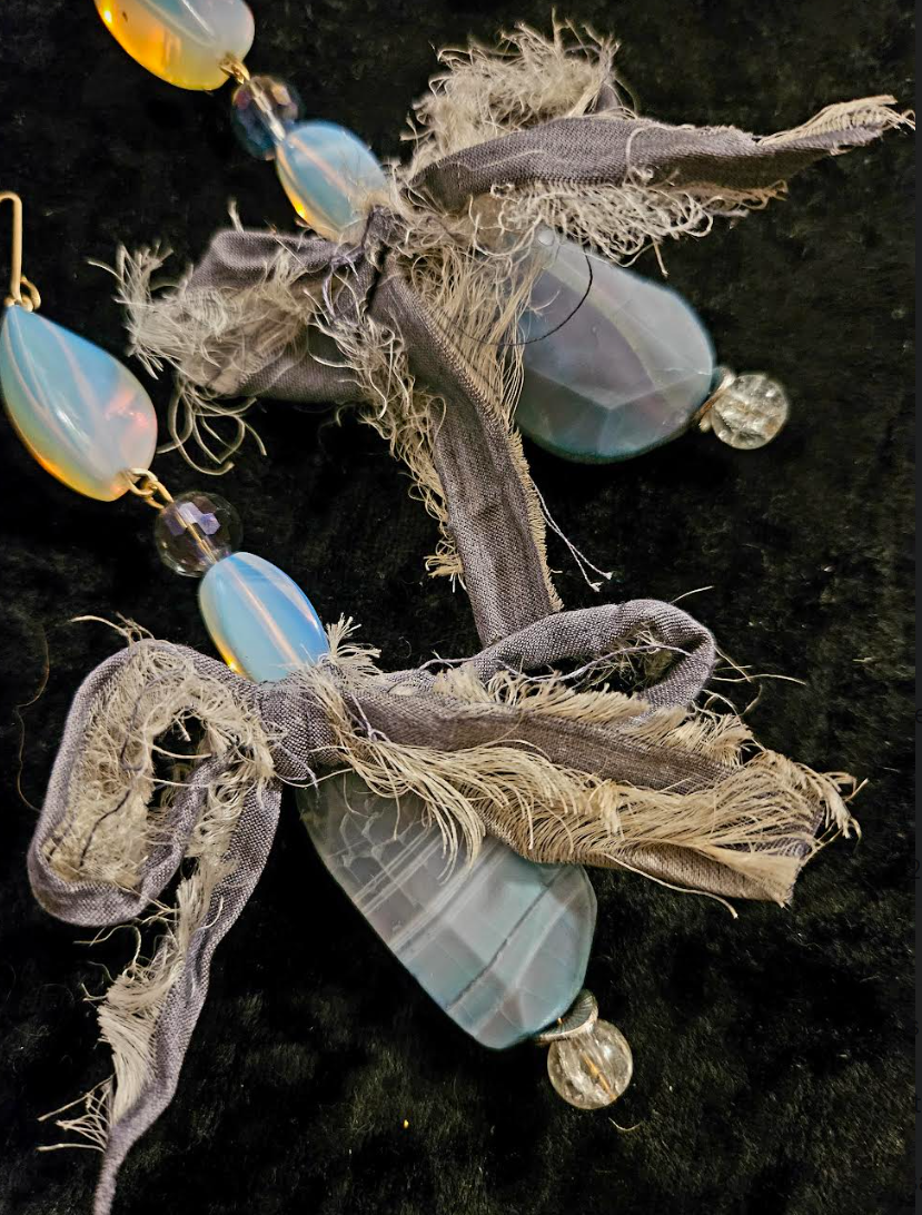 Agate Moonstone & Distressed Sari Silk Bow Pierced Statement Earrings