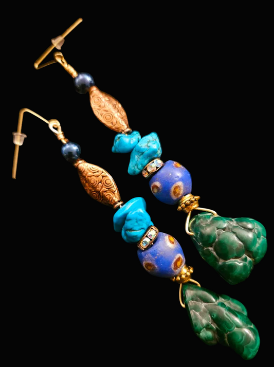 Mixed Media Gemstone Shoulder Duster Pierced Earrings - High End