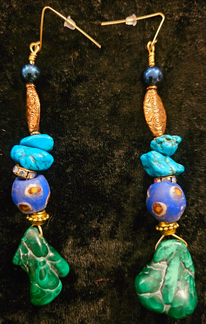 Blue Green & Copper Dangle Pierced Statement Earrings Malachite and