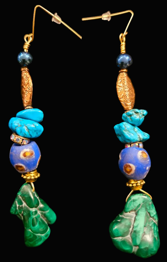 Mixed Media Gemstone Shoulder Duster Pierced Earrings - High End