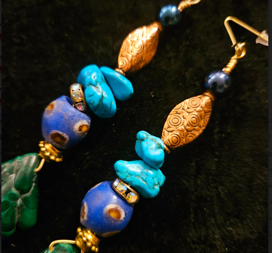Blue Green & Copper Dangle Pierced Statement Earrings Malachite and