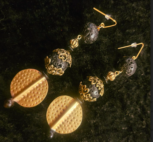Rough Black Lava & Gold Metal Dangle Pierced Statement Earrings Rich