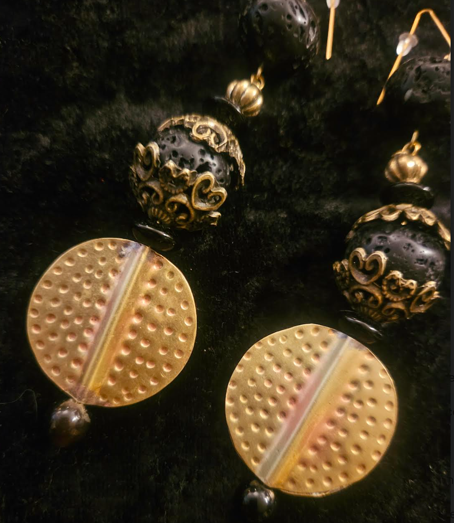 Rough Black Lava & Gold Metal Dangle Pierced Statement Earrings Rich