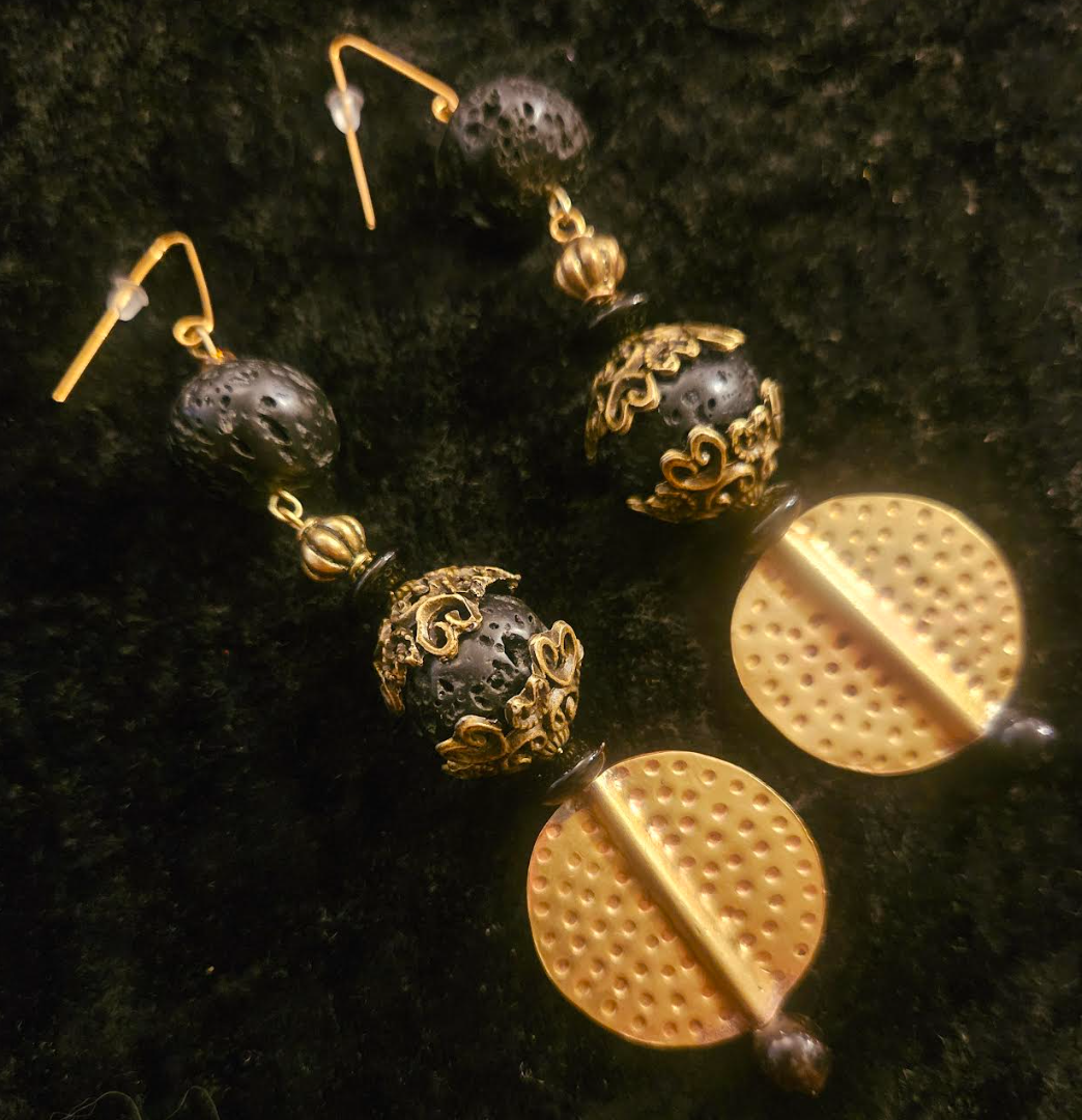 Rough Black Lava & Gold Metal Dangle Pierced Statement Earrings Rich
