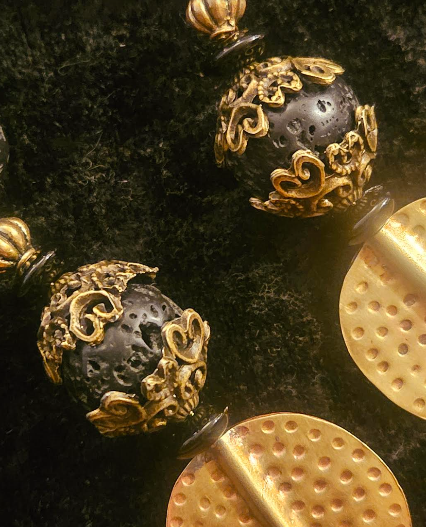 Rough Black Lava & Gold Metal Dangle Pierced Statement Earrings Rich