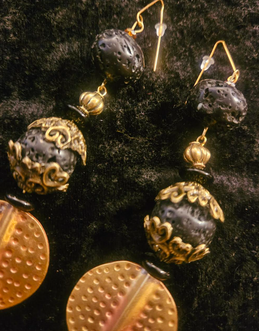 Rough Black Lava & Gold Metal Dangle Pierced Statement Earrings Rich