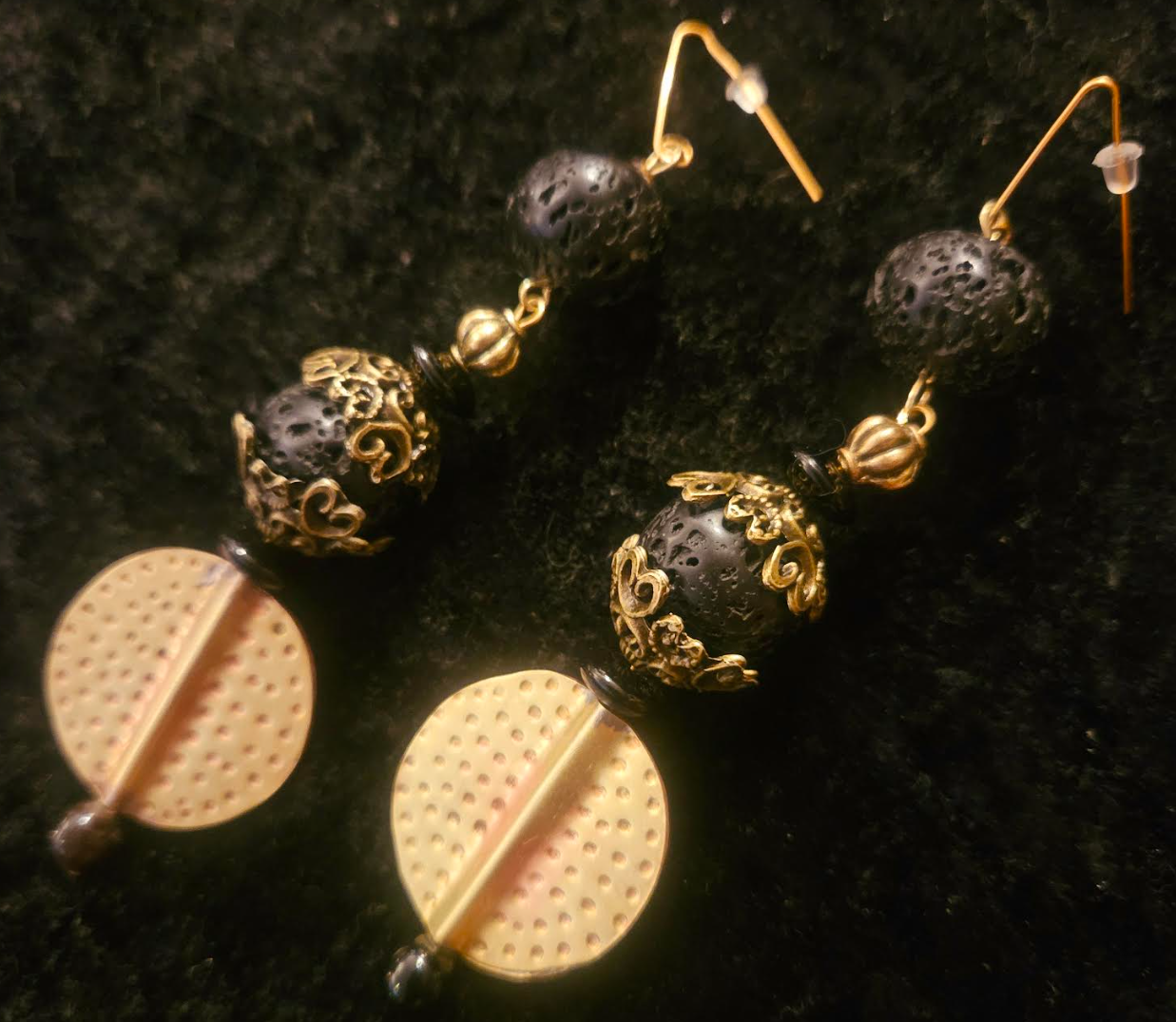 Rough Black Lava & Gold Metal Dangle Pierced Statement Earrings Rich