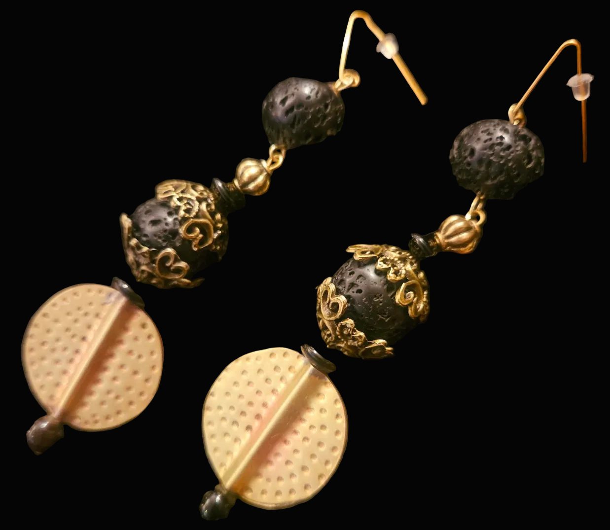 Rough Black Lava & Hammered Brass Metal Dangle Pierced Earrings - Exotic