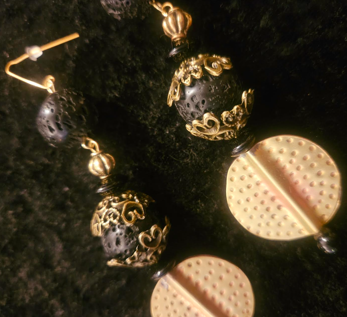 Rough Black Lava & Gold Metal Dangle Pierced Statement Earrings Rich